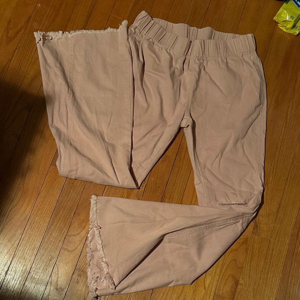 Pink Frayed Hem Flare jeans Pants Worn Out Knee Detail, Elastic Waistband 18-20